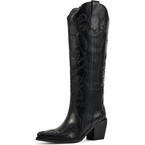 Women Faux Leather Classic Black Floral Embroidered Chunky Heel Pointed Toe Boot - Picture 1 of 6